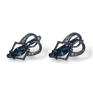 Vintage Earrings Silver Tone Heart Shape Blue Marquise Cut Stone Costume Jewelry